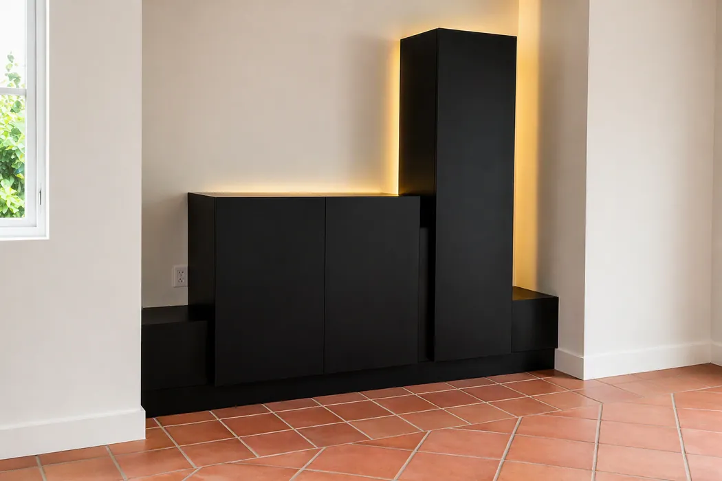 Built-in wood cabinetry with open shelving and integrated storage