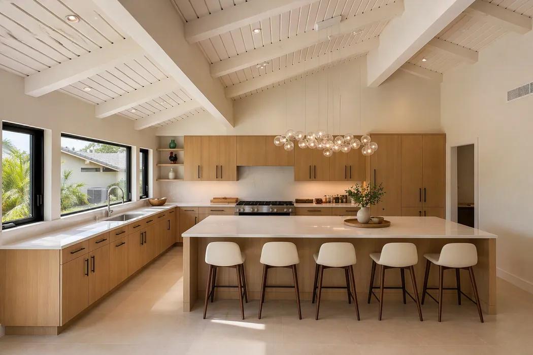 Custom white oak kitchen cabinetry with waterfall island